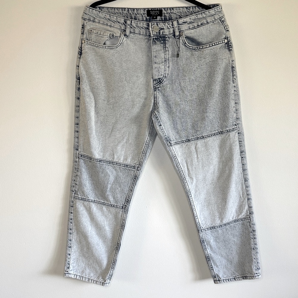 Boohoo MAN Panel Jeans Ice Blue 36 Baggy acid wash